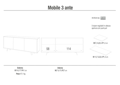 Buffet 3 ante VILINUS nero pietra/bianco lucido