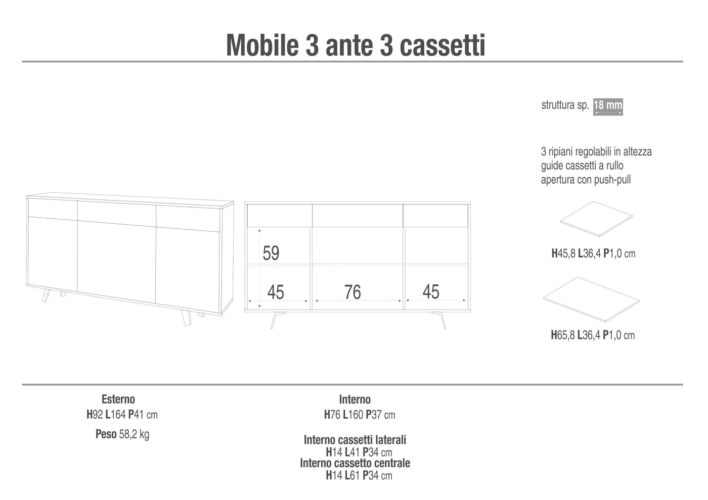 Credenza 3 ante/3 cassetti VILINUS nero pietra/marmo calacatta