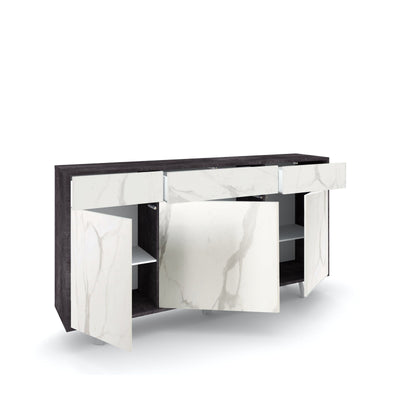 Credenza 3 ante/3 cassetti VILINUS nero pietra/marmo calacatta