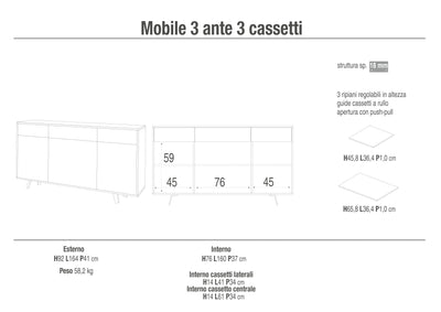 Credenza 3 ante/3 cassetti VILINUS bianco pietra/marmo calacatta